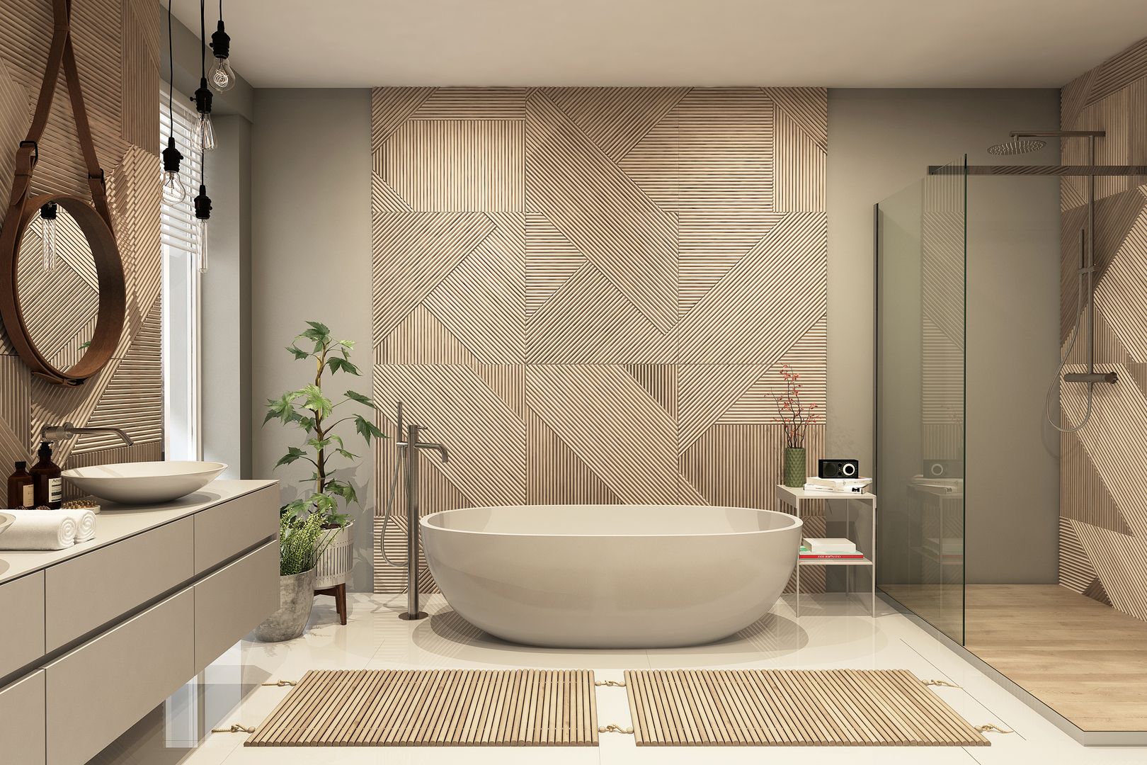 Ein Bad mit einer frei stehenden Badewanne und vielen Holzelementen.